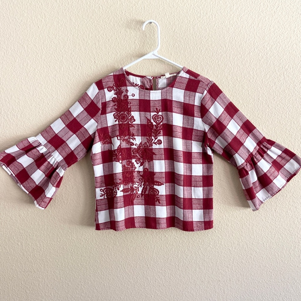 Top - Rebellion Again - Red (burgundy) & White Buffalo Plaid Embroidered - Large